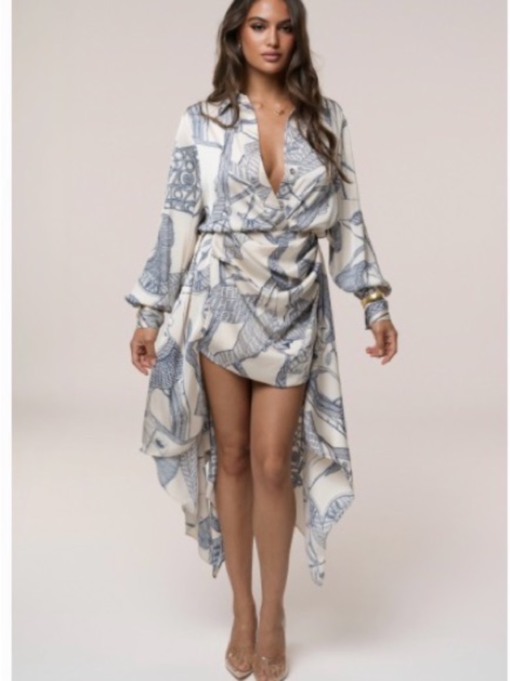 JLUXLABEL Cream and Blue High-Low Wrap Dress